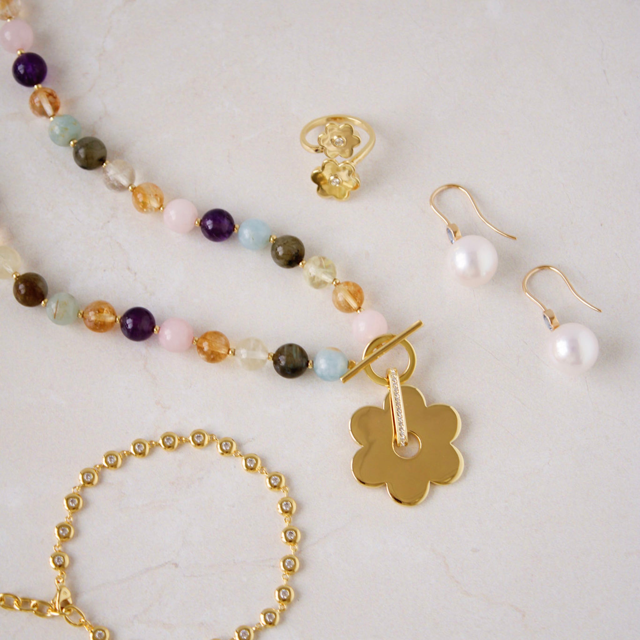 Goldbug Collection Gemstone Toggle Charm Necklace, Pearl & Sapphire 14K Yellow Gold Drop Earrings