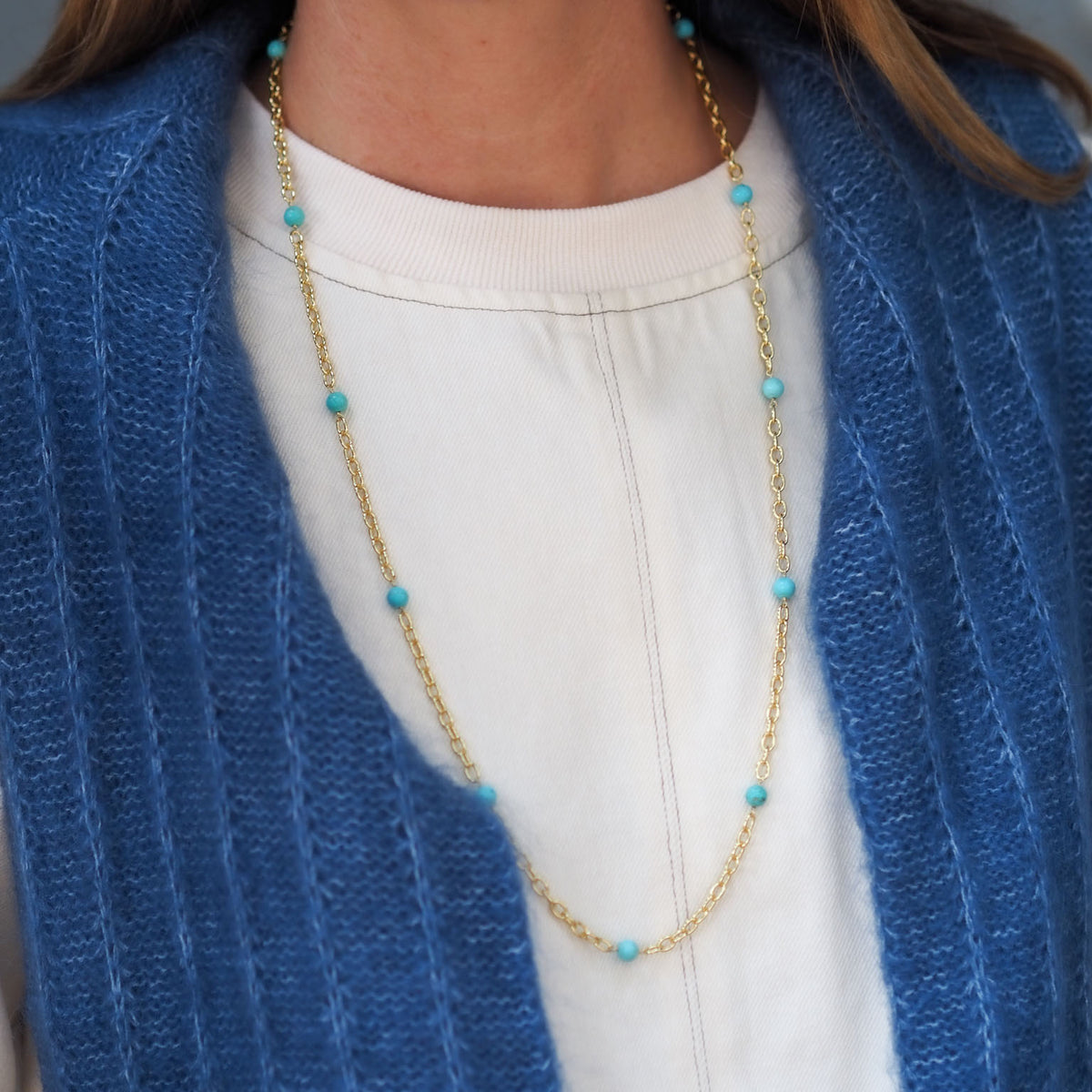 Goldbug Collection Turquoise Bead Thick Cable Chain Necklace 30"