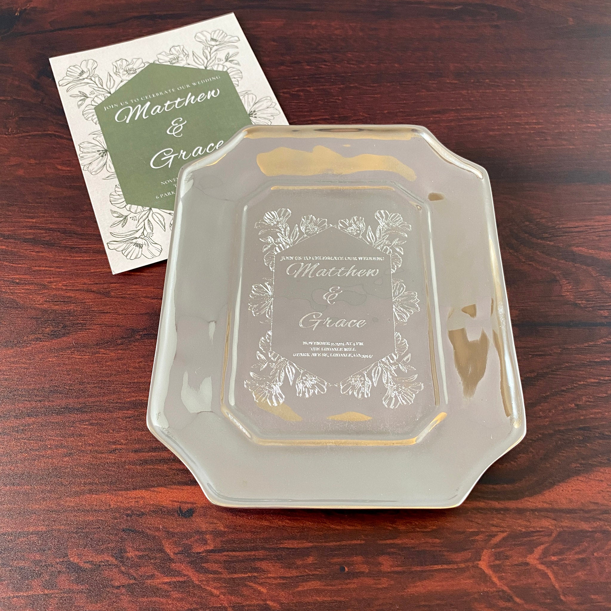 Beatriz Ball SOHO Lucca Rectangular Tray with machine engraved wedding invitation