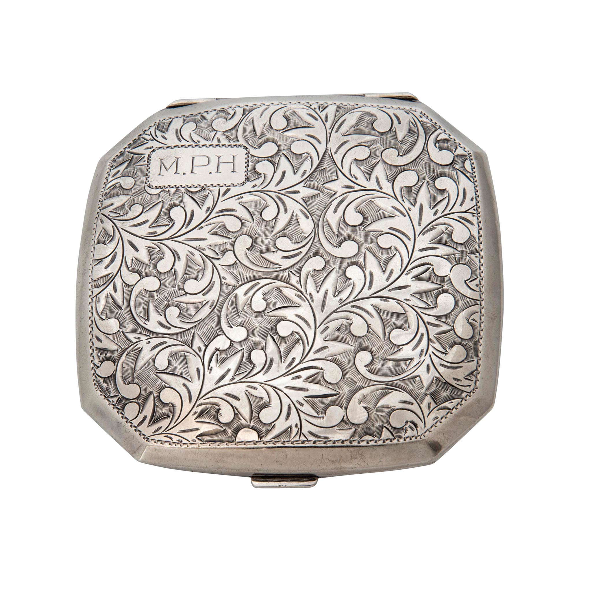 Estate Engraved Sterling Silver Mirror Powder Compact