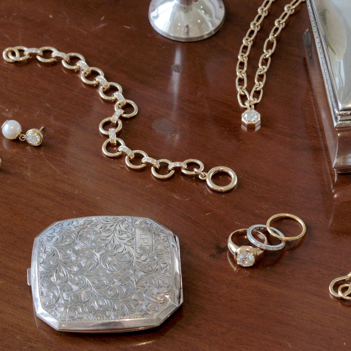 Estate Engraved Sterling Silver Mirror Powder Compact
