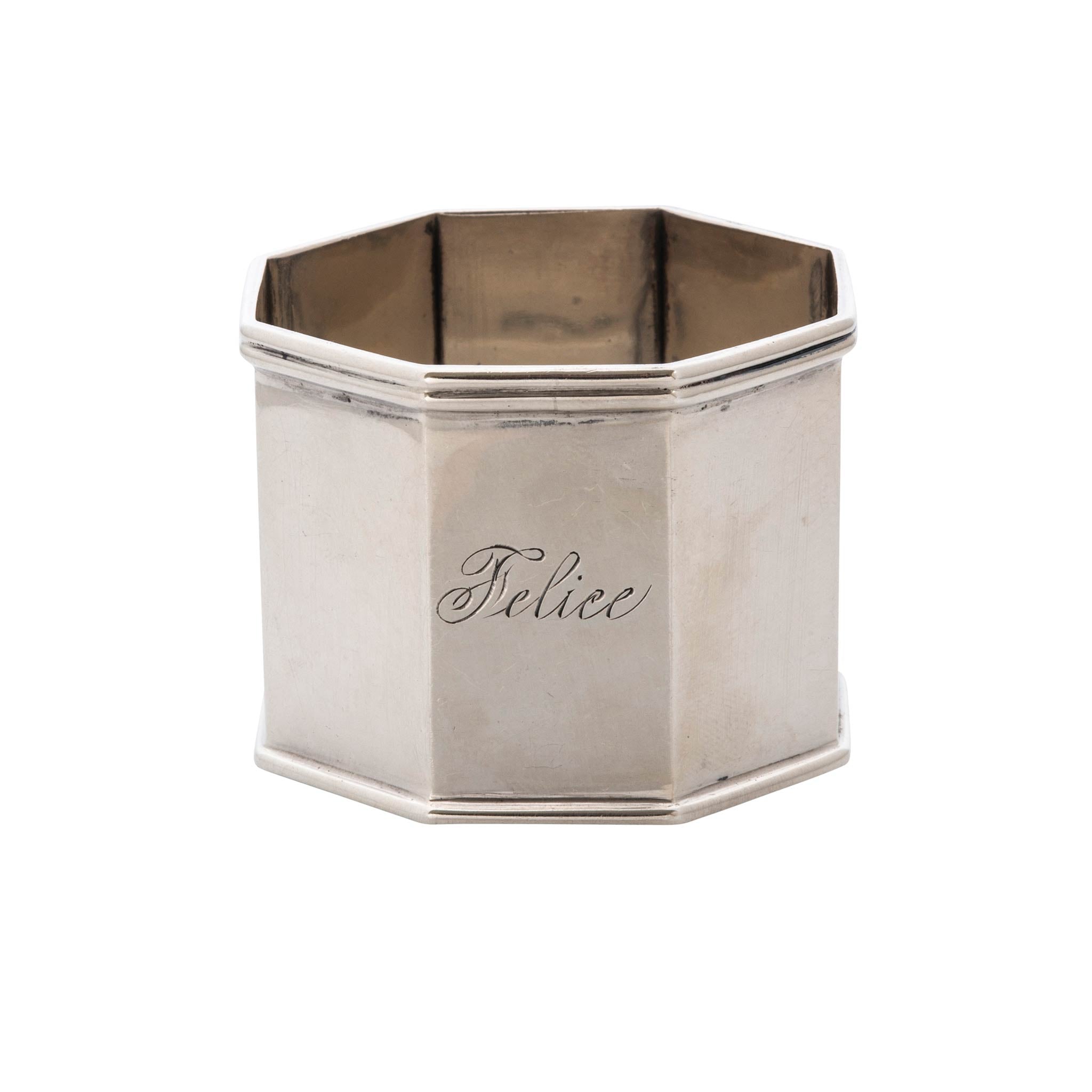 Estate Engraved 'Felice' Sterling Silver Octagonal Napkin Ring