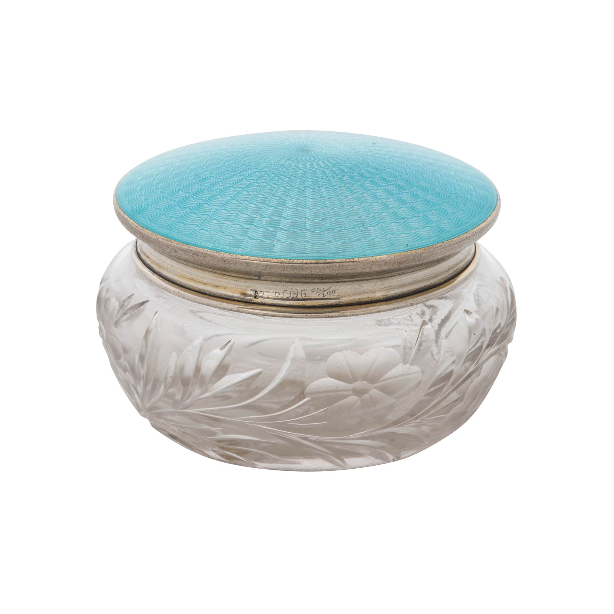 Estate Guilloché Enamel Sterling Silver Lidded Glass Vanity Jar