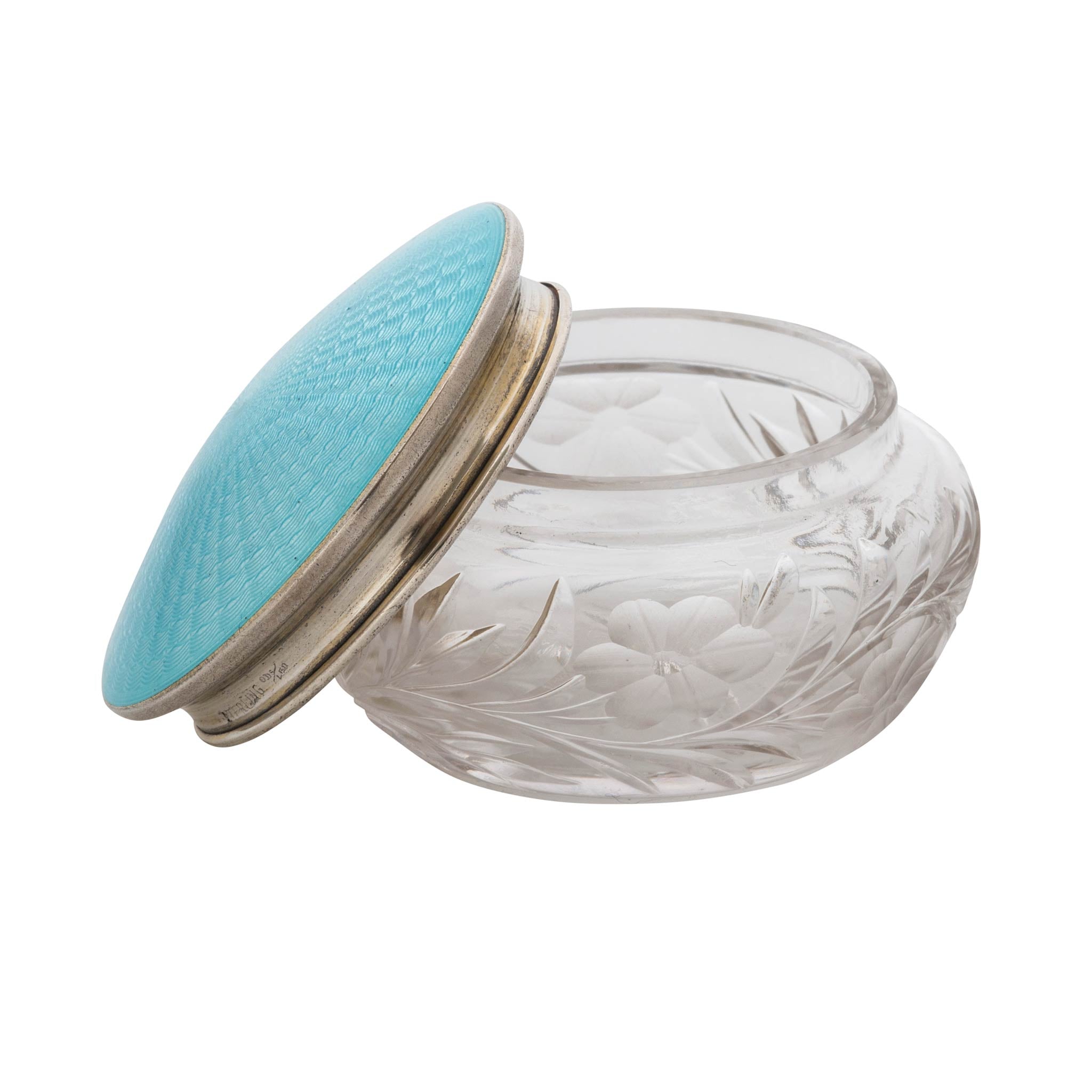 Estate Guilloché Enamel Sterling Silver Lidded Glass Vanity Jar