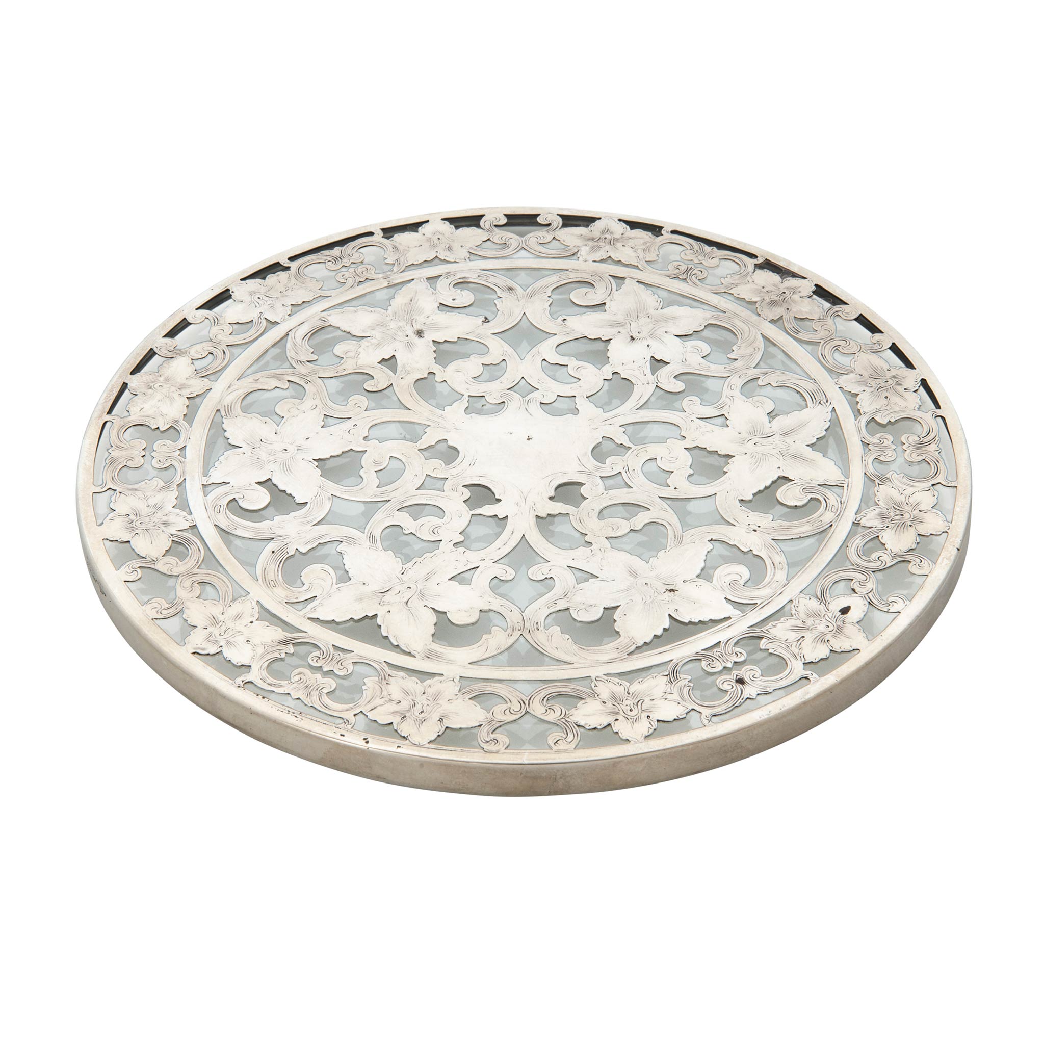 Vintage Webster Floral Sterling Silver & Glass Coaster 6"