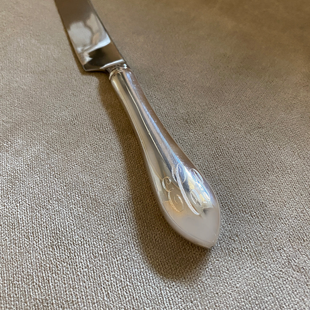 Pointed Antique Sterling Silver Wedding Cake Knife with hand engraved monogram