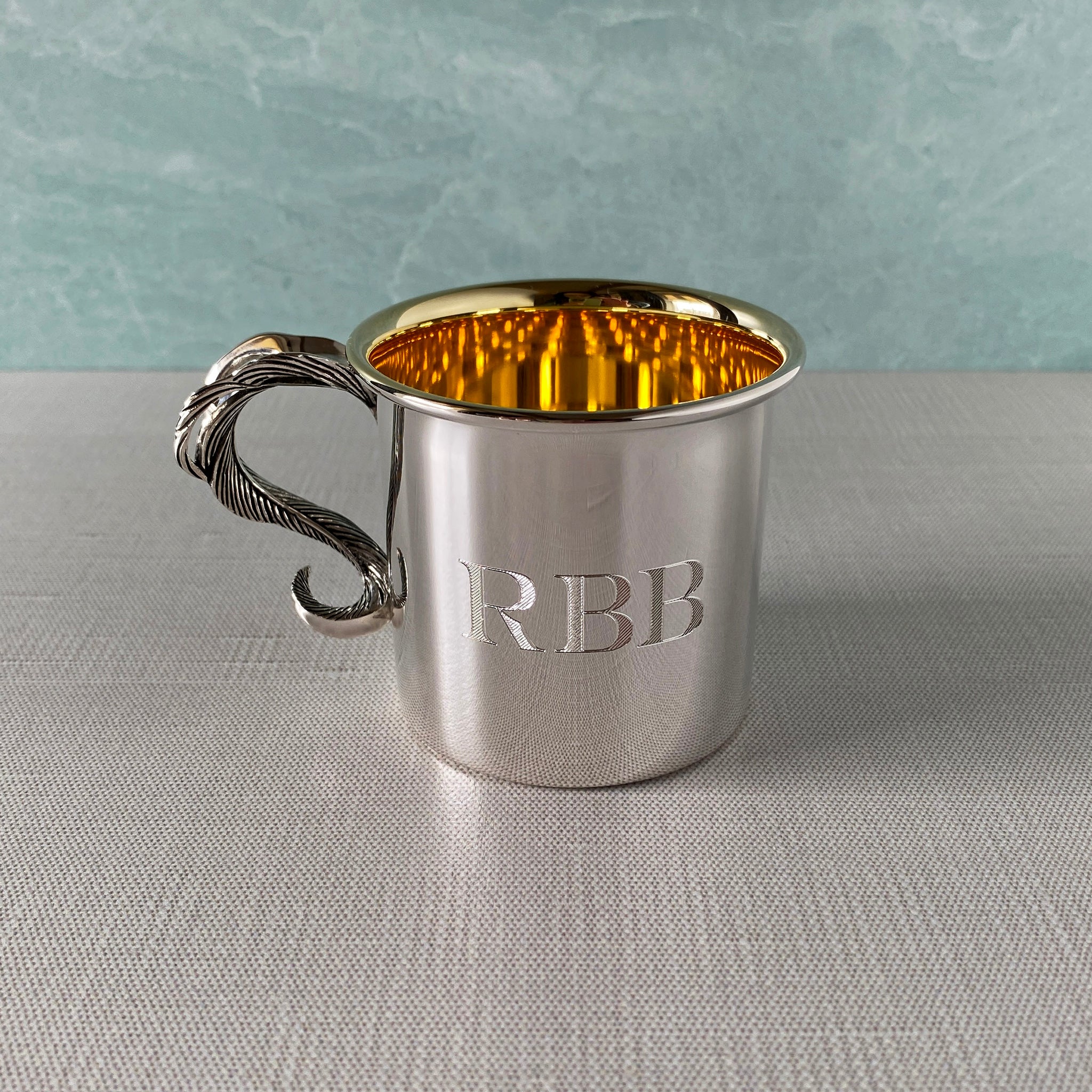 Grainger McKoy Traditional Sterling Silver Baby Cup with machine engraved block initials