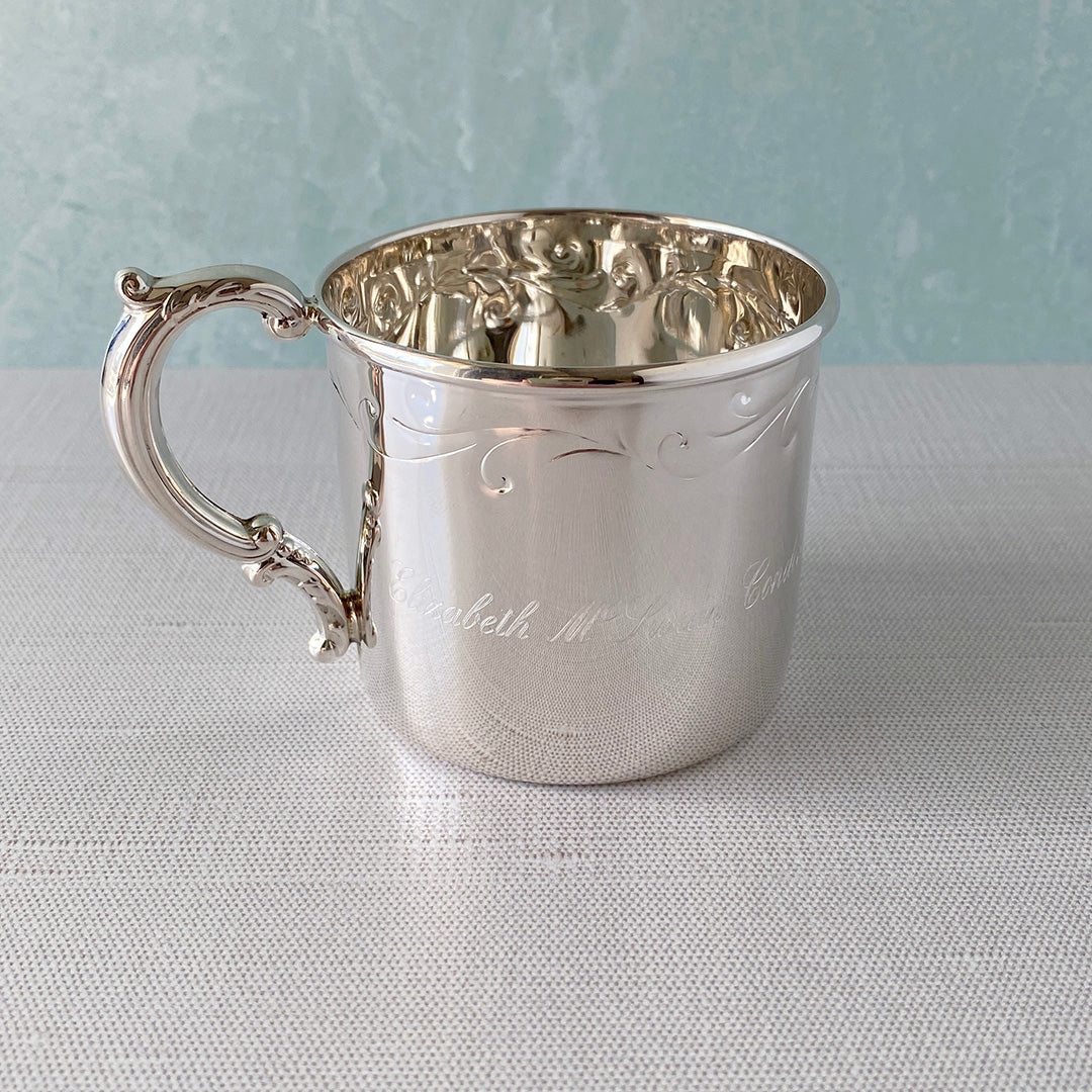 Sterling Silver Floral Baby Cup with machine engraving
