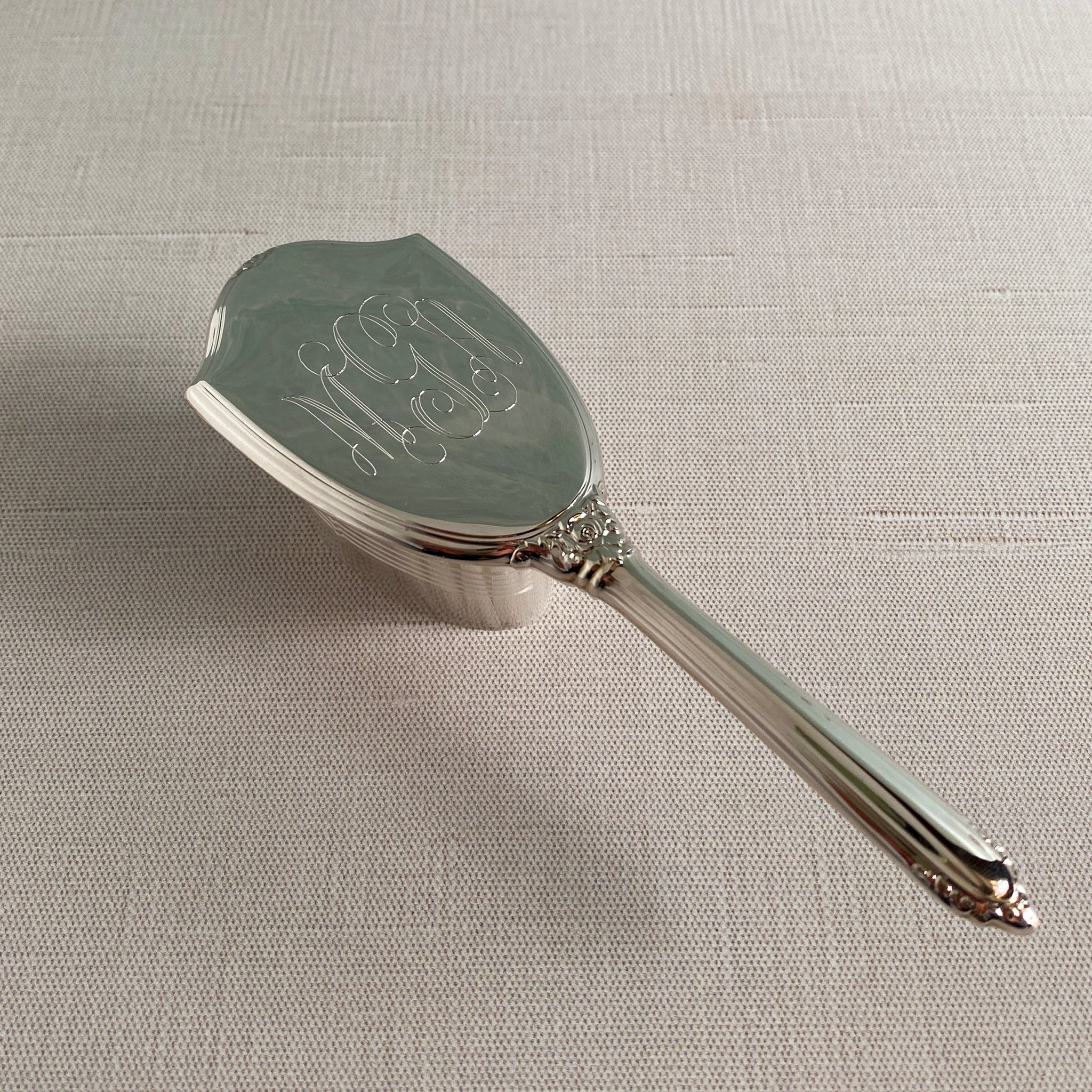 Sterling Silver Girl's Shield Brush & Comb Set with machine engraved interlocking script monogram