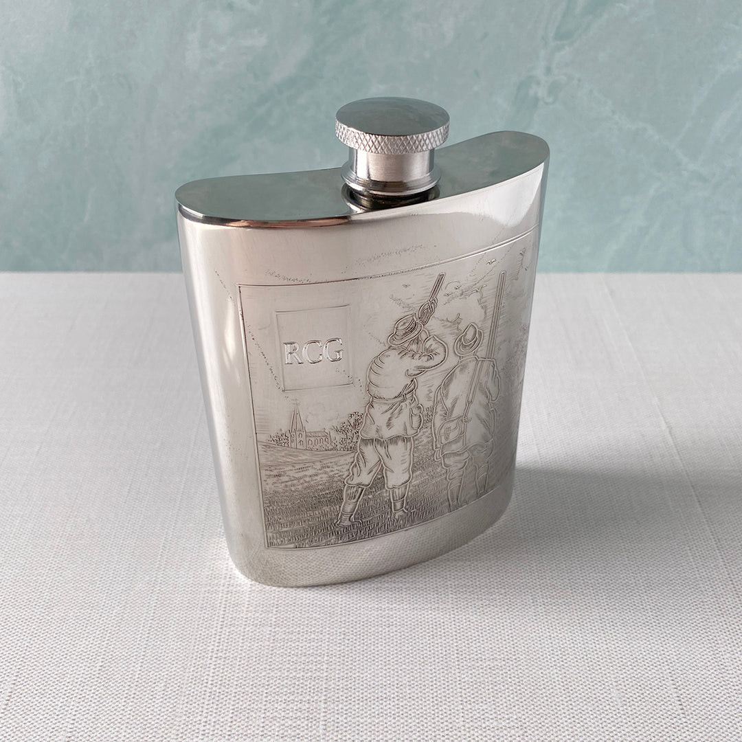 English Pewter Hunting Scene Flask with machine engraving