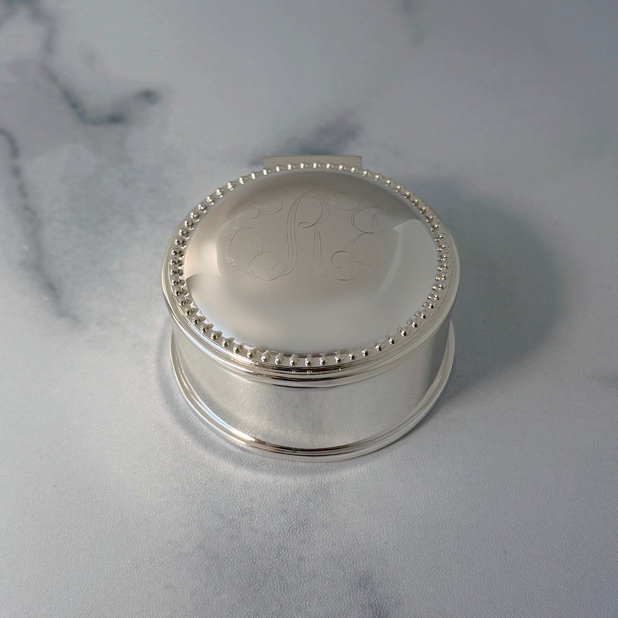 Small Round Beaded Box with machine engraved interlocking script monogram