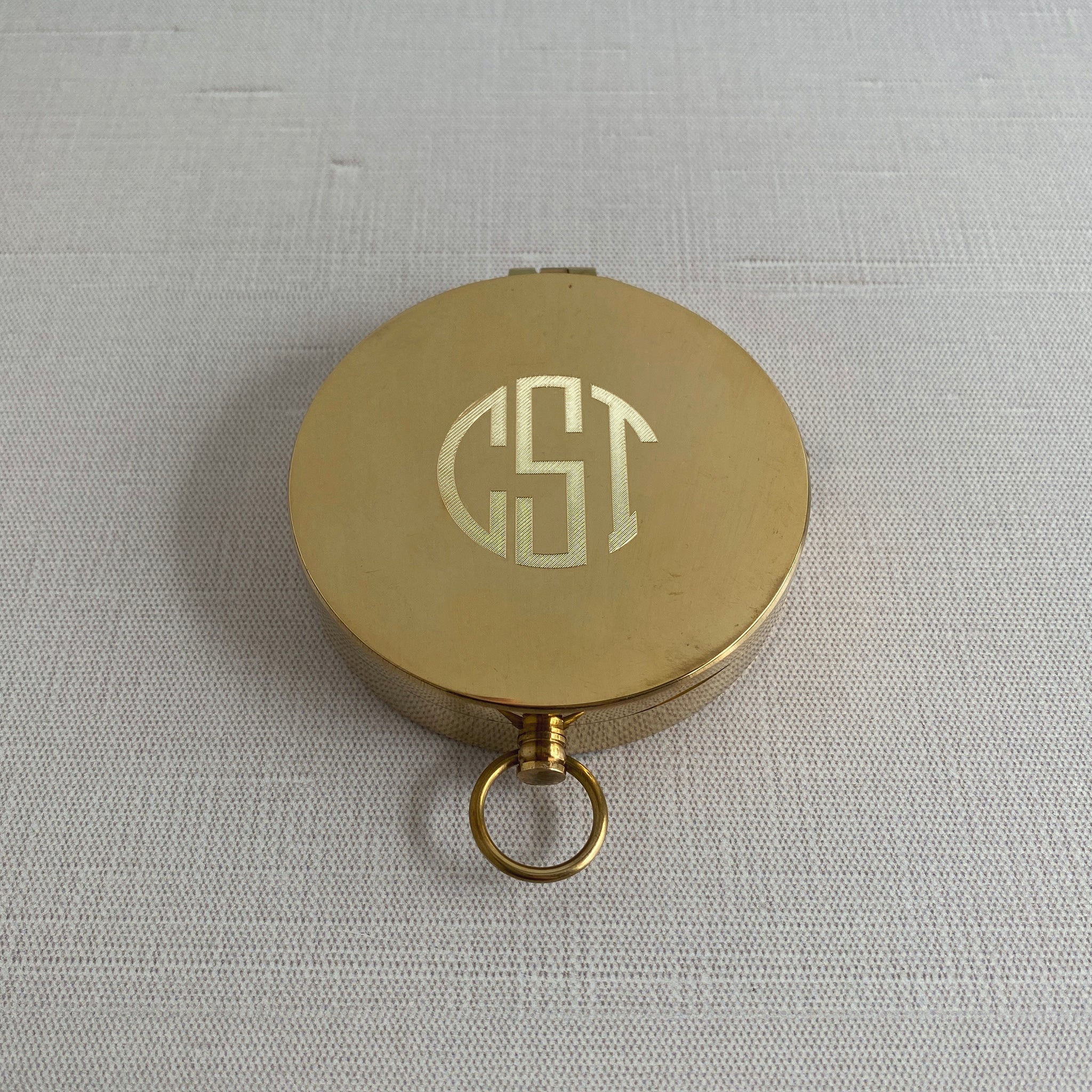 Brass Pocket Compass with machine engraved Circle Block monogram