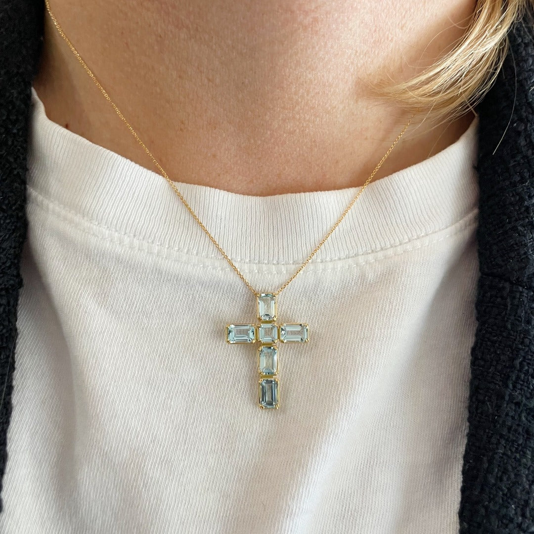 Blue Topaz Cross 18K Gold Pendant Necklace