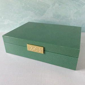 Green Shagreen & Gold Plated Trim Large Jewelry Box with machine engraving