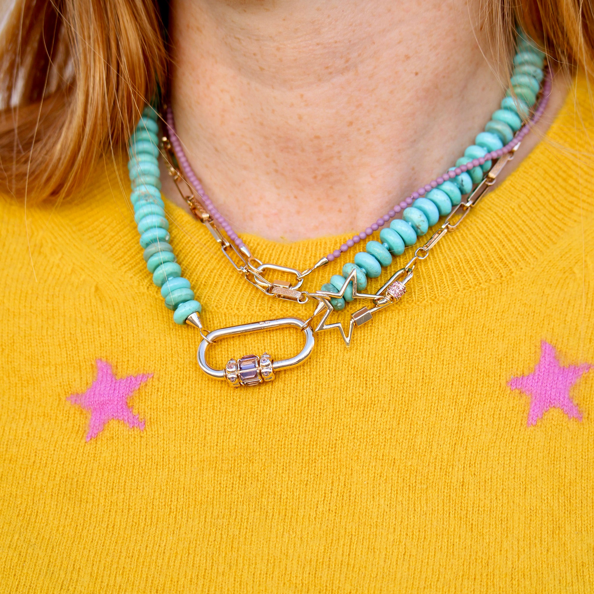 Marla Aaron 14K Yellow Gold Purple Spinel Hatshepsut Lock, 14K Yellow Gold Star Lock, Pink Sapphire Stoned Baby Lock