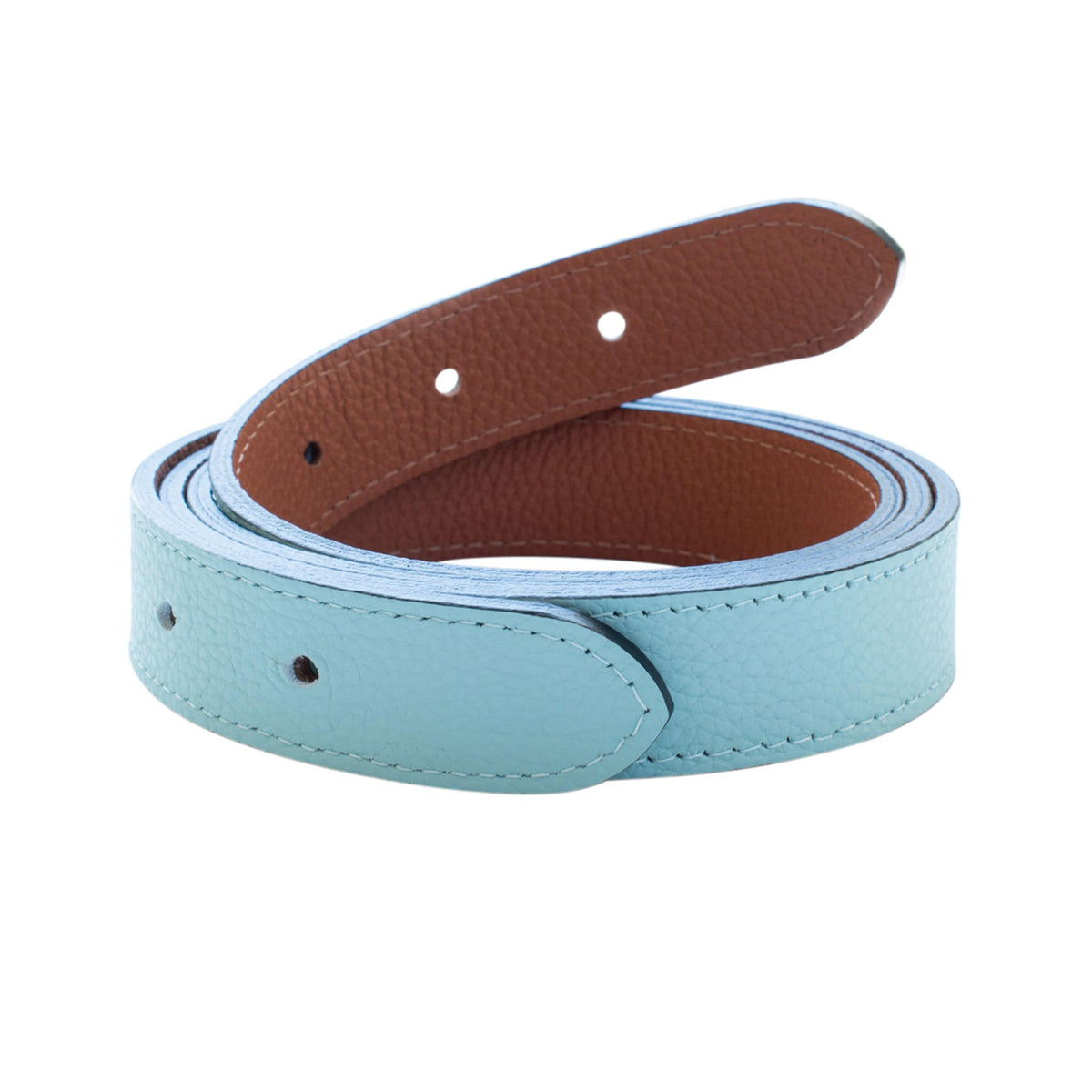 Coiled reversible leather belt strap in light blue and saddle brown, shown without a buckle on a white background.