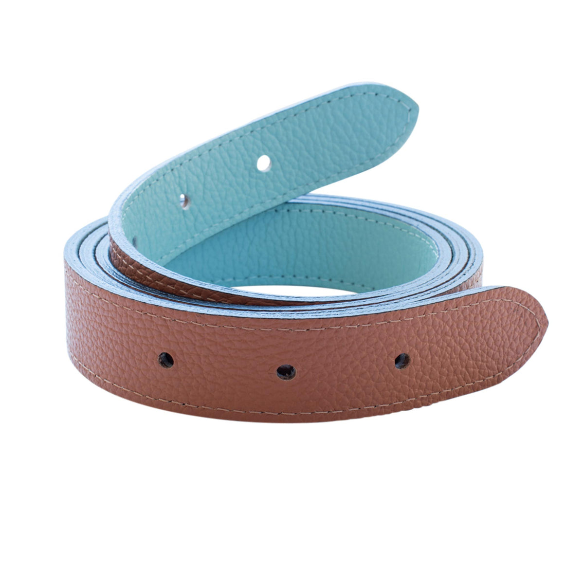Reversible one-inch belt strap coiled to show its saddle brown pebbled leather side and light blue underside.
