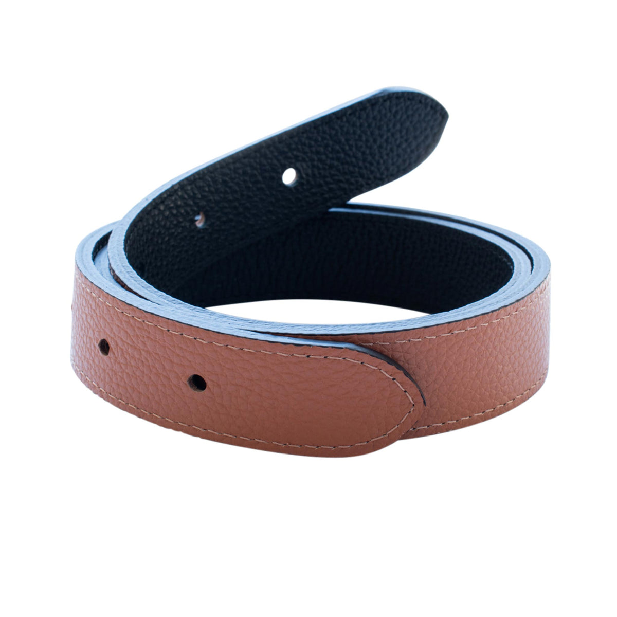Reversible one-inch belt strap coiled to show its saddle brown pebbled leather side and black underside.