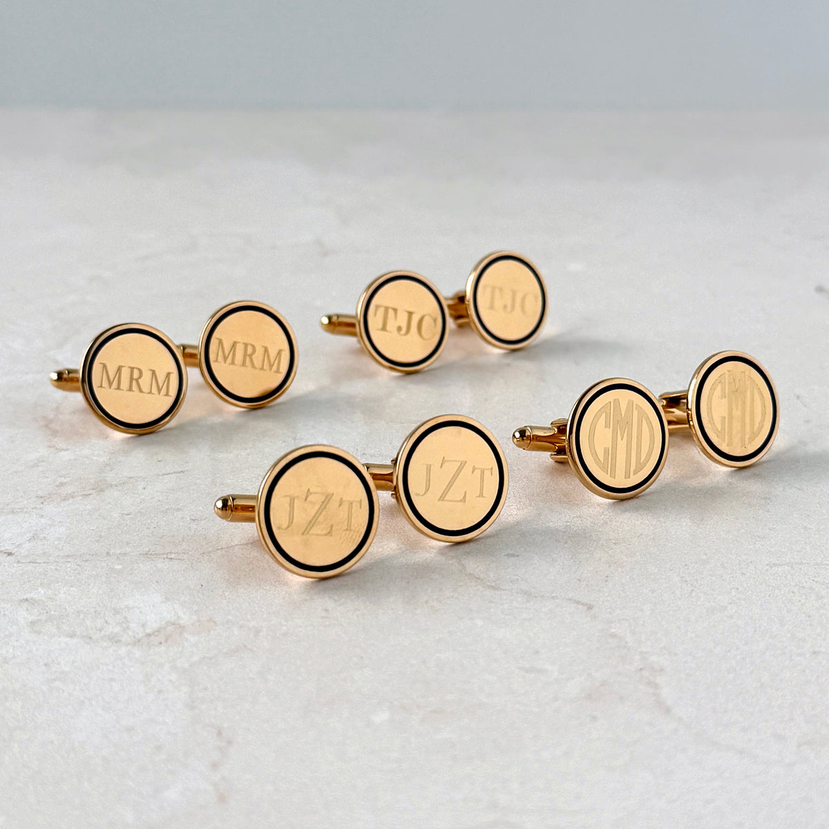 Gold-Plated Blue Enamel Trim Round Cufflinks with machine engraved initials and monograms