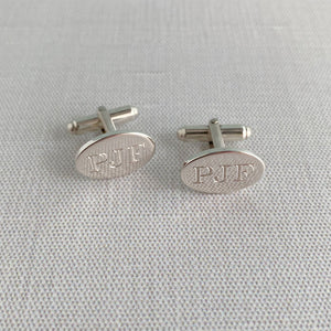Sterling Silver Small Plain Oval Cufflinks with machine engraved initials