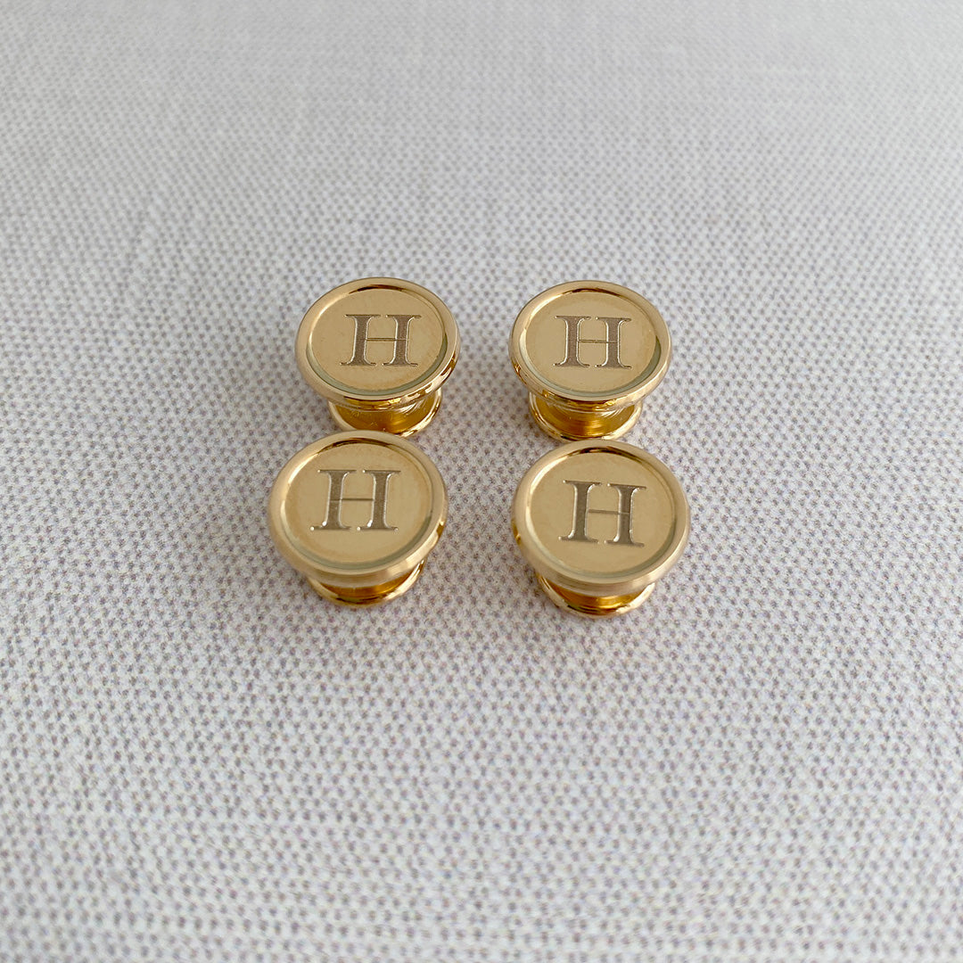 Gold Plated Polished Round Rimmed Shirt Studs with machine engraving