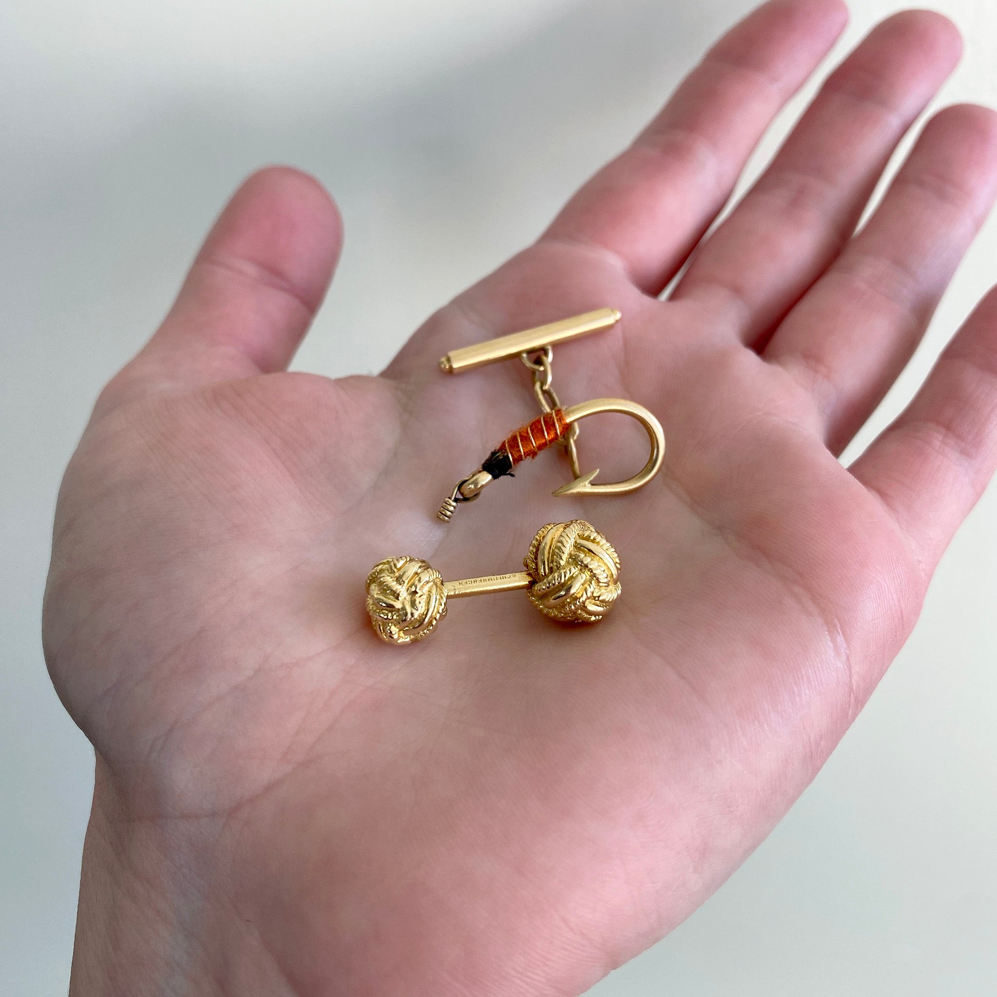 Vintage Fly Fishing Lure 14K Gold Cufflinks, Vintage Tiffany & Co Schlumberger Rope Knot 18K Gold Cufflinks