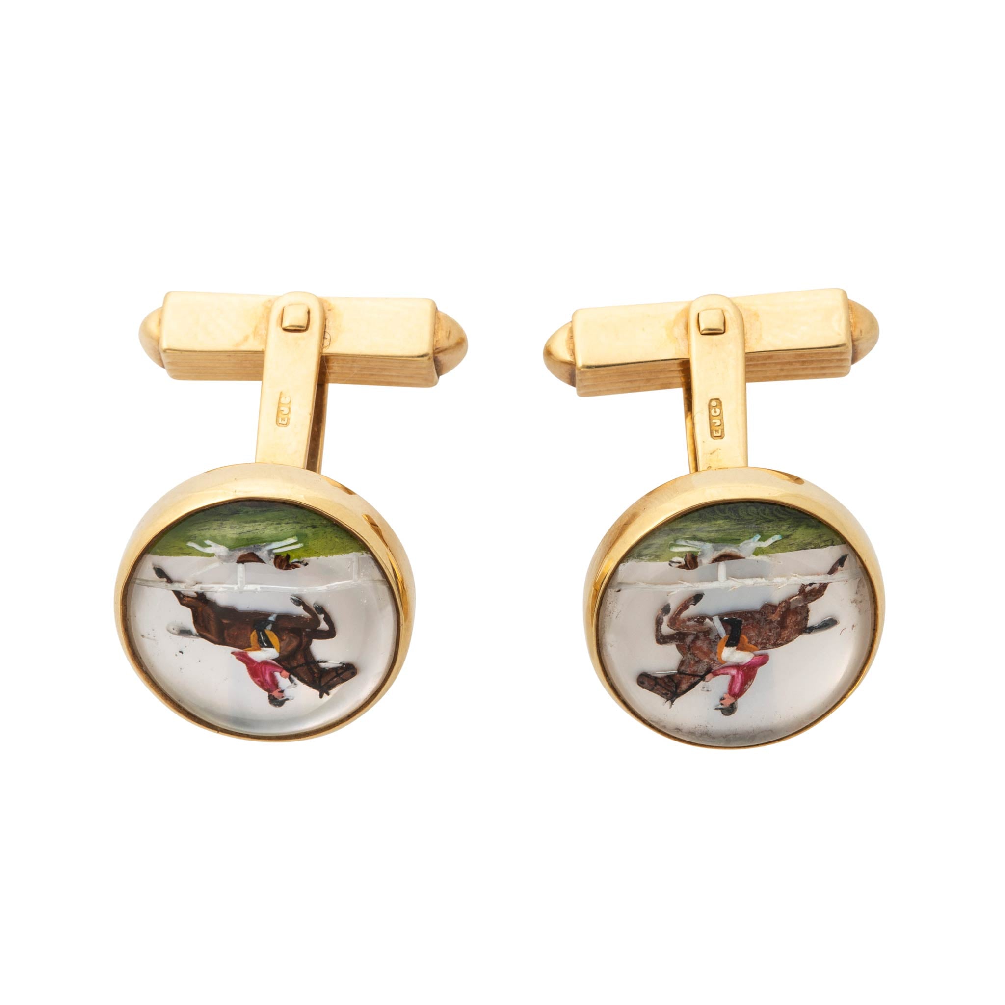 Victorian Equestrian Essex Crystal 18K Gold Cufflinks