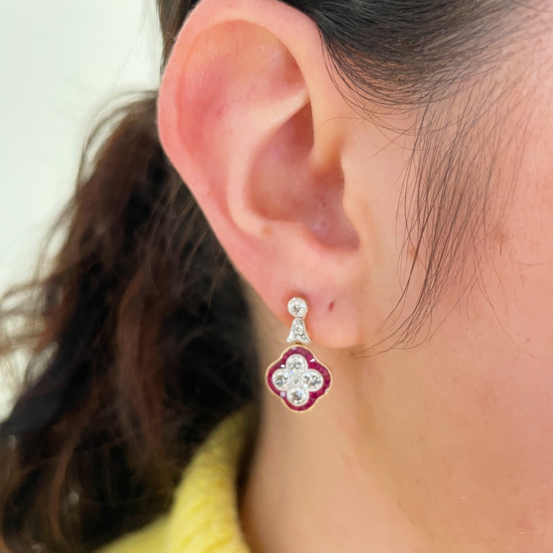 Ruby & Diamond Quatrefoil Drop 14K Gold Earrings