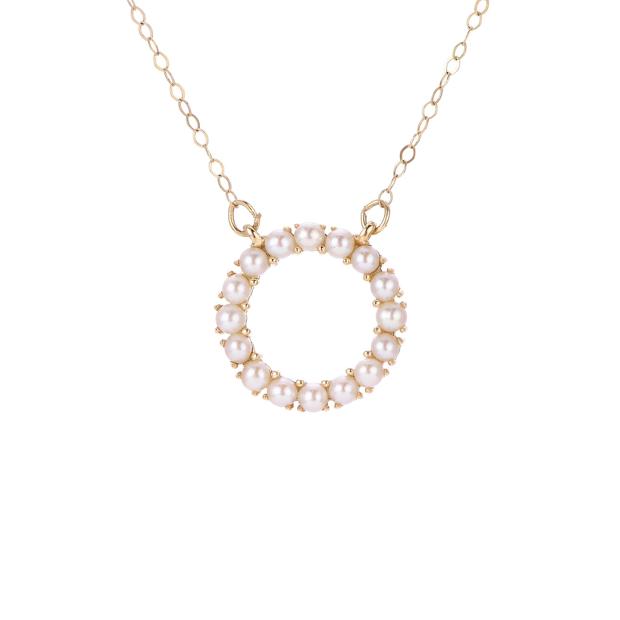 Freshwater Seed Pearl Circle 14K Yellow Gold Necklace