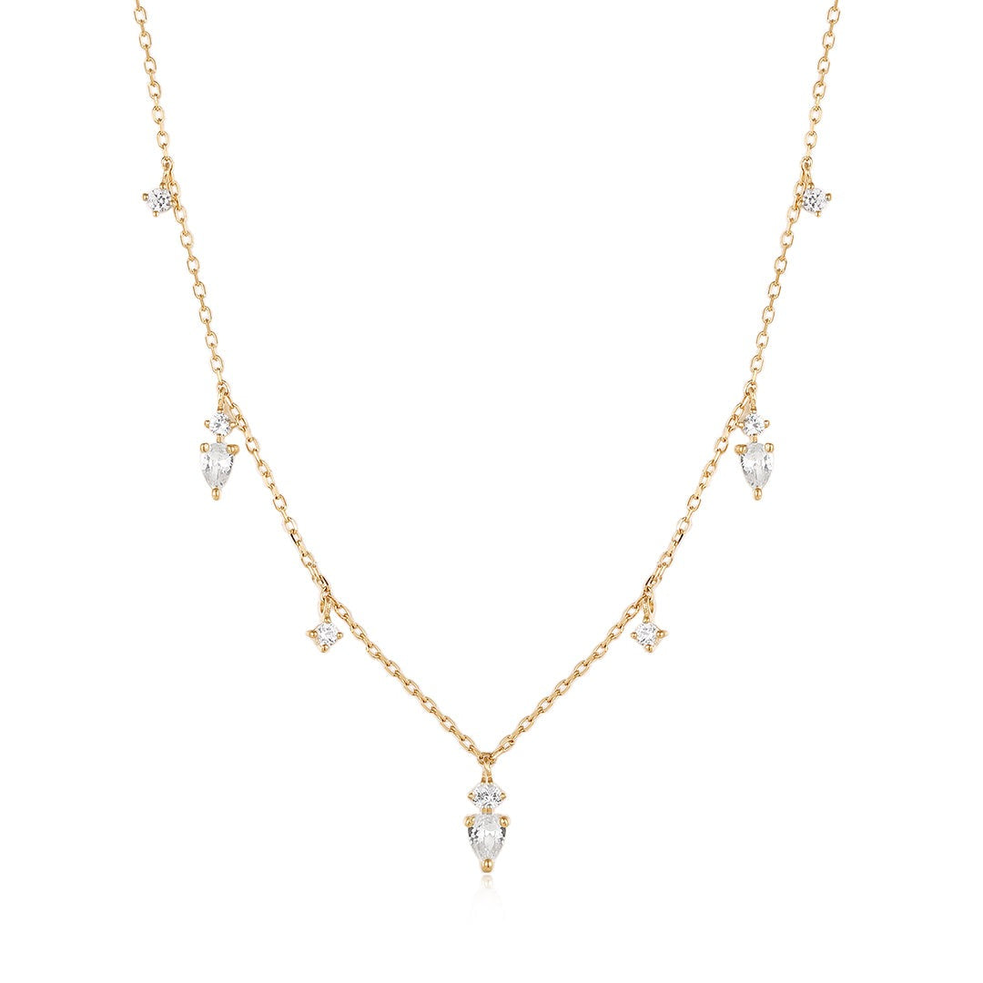 Pear & Round White Sapphire Drop 14K Yellow Gold Necklace