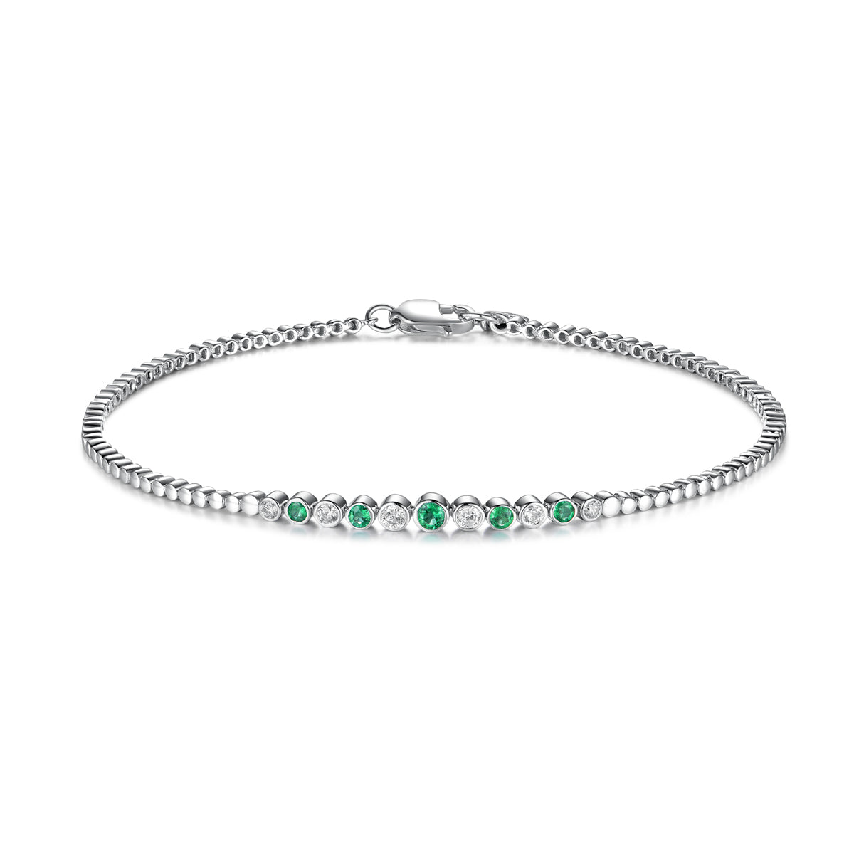 Emerald & Diamond Bezel Set 14K White Gold Beaded Bracelet