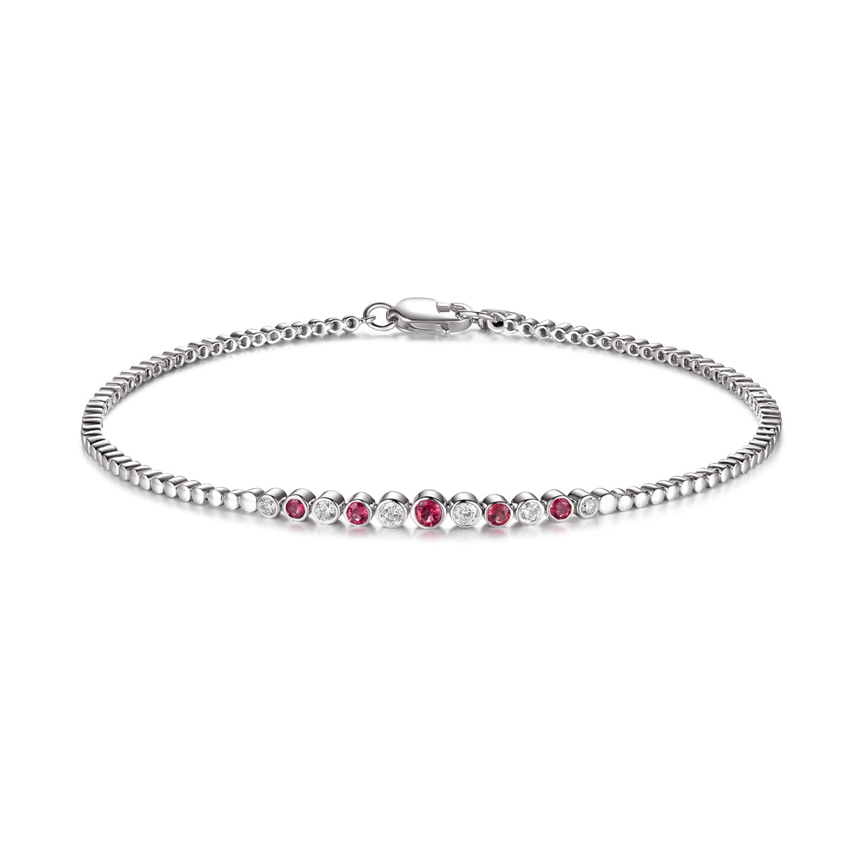 Ruby & Diamond Bezel Set 14K White Gold Beaded Bracelet