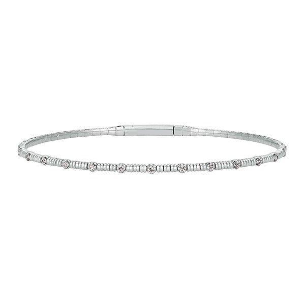Diamond Station 14K White Gold Ribbed Flexible Bangle