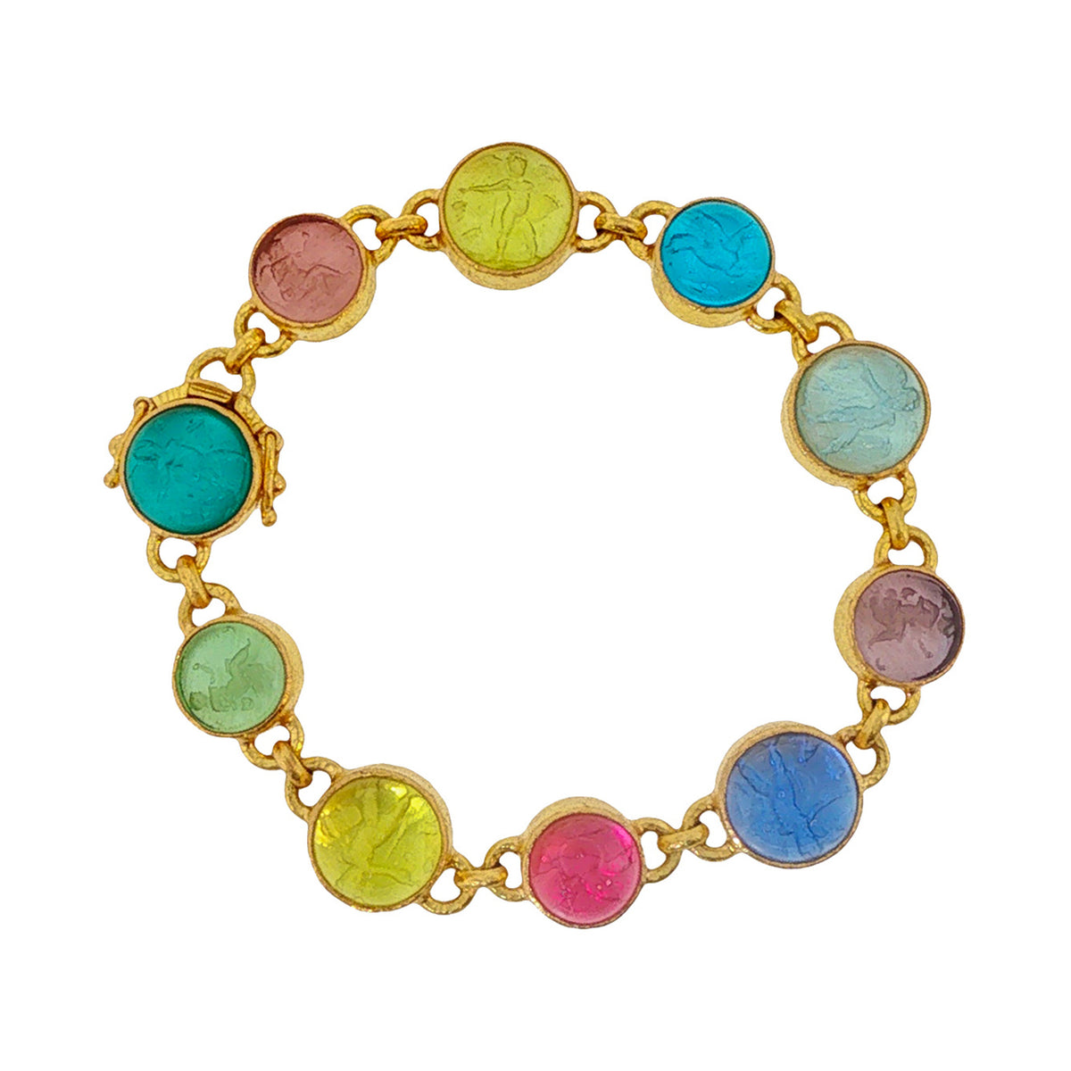 Elizabeth Locke bracelet with pastel round Venetian glass intaglios linked in hammered 19K yellow gold.