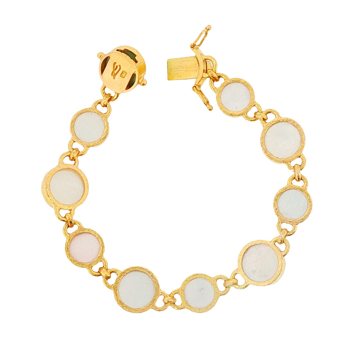 Back of Elizabeth Locke intaglio bracelet showing mother-of-pearl backing, hammered gold settings, and open safety clasp.