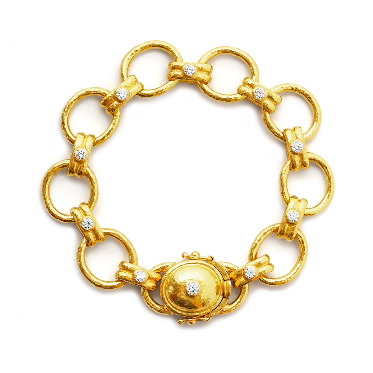 Elizabeth Locke Rimini bracelet in hammered 19K yellow gold with oval links, diamond accents, and a round diamond-set clasp.