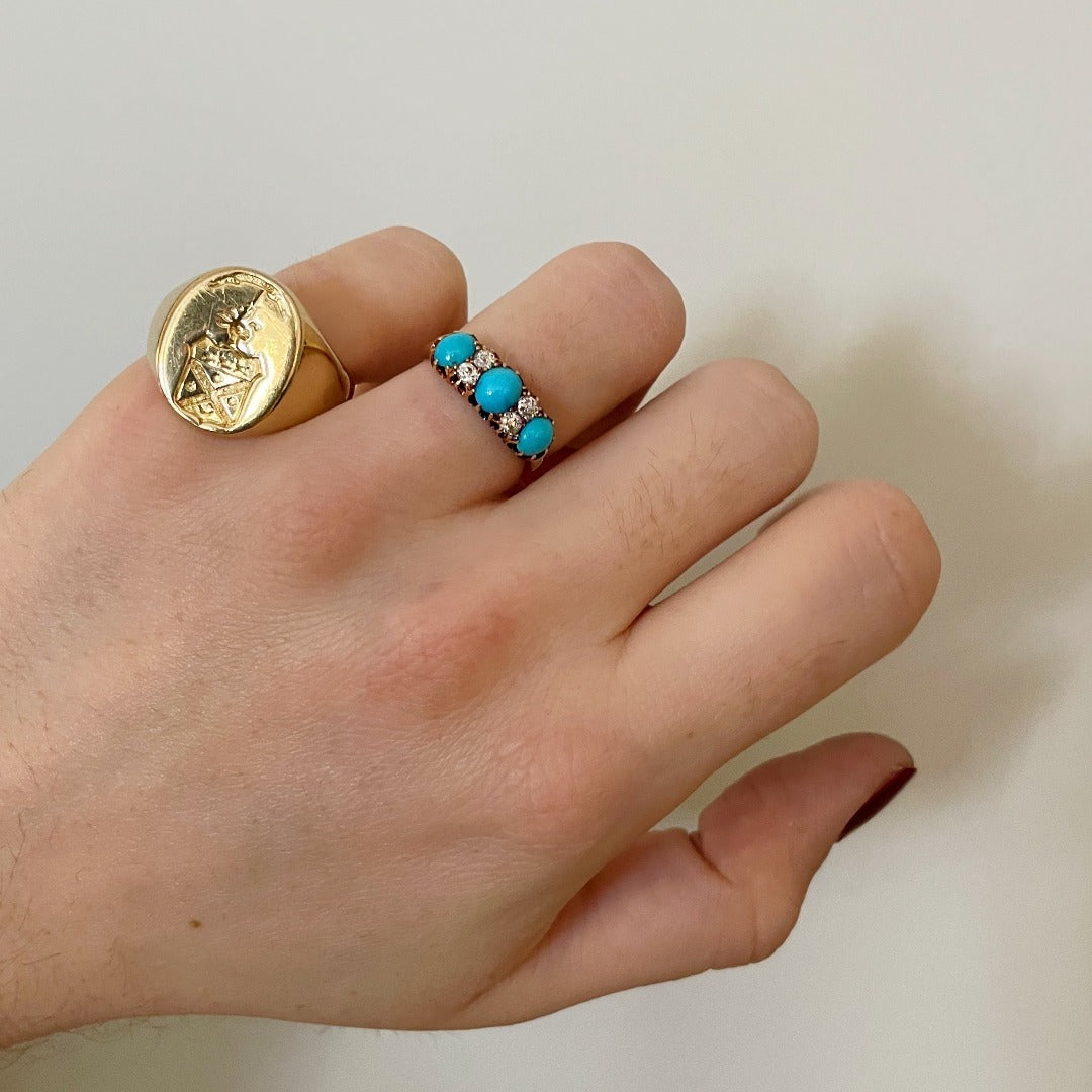 Victorian 3 Stone Turquoise & Diamond 18K Yellow Gold Ring