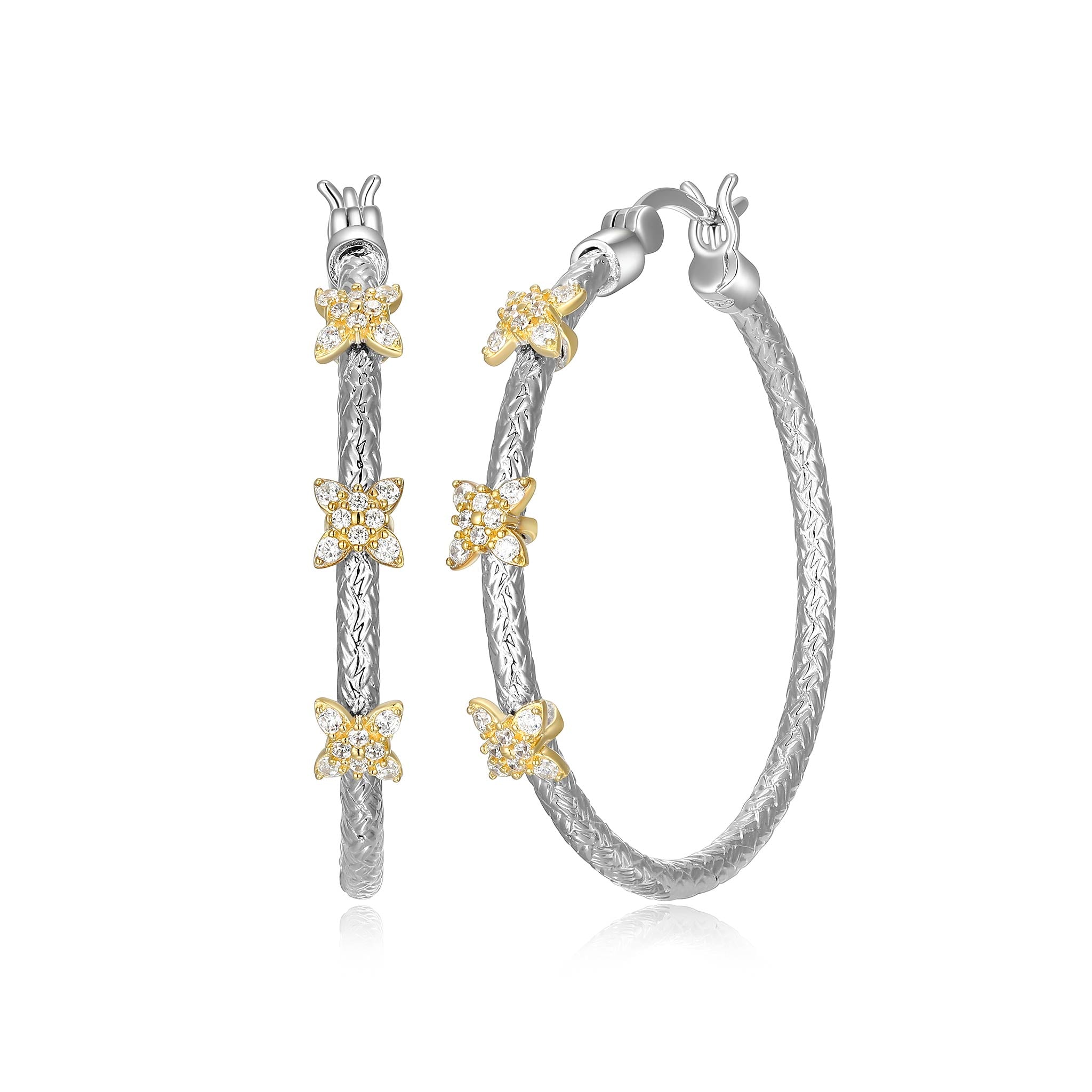 Charles Garnier CZ Flower Station Sterling Silver Classic Mesh Hoop Earrings 35mm