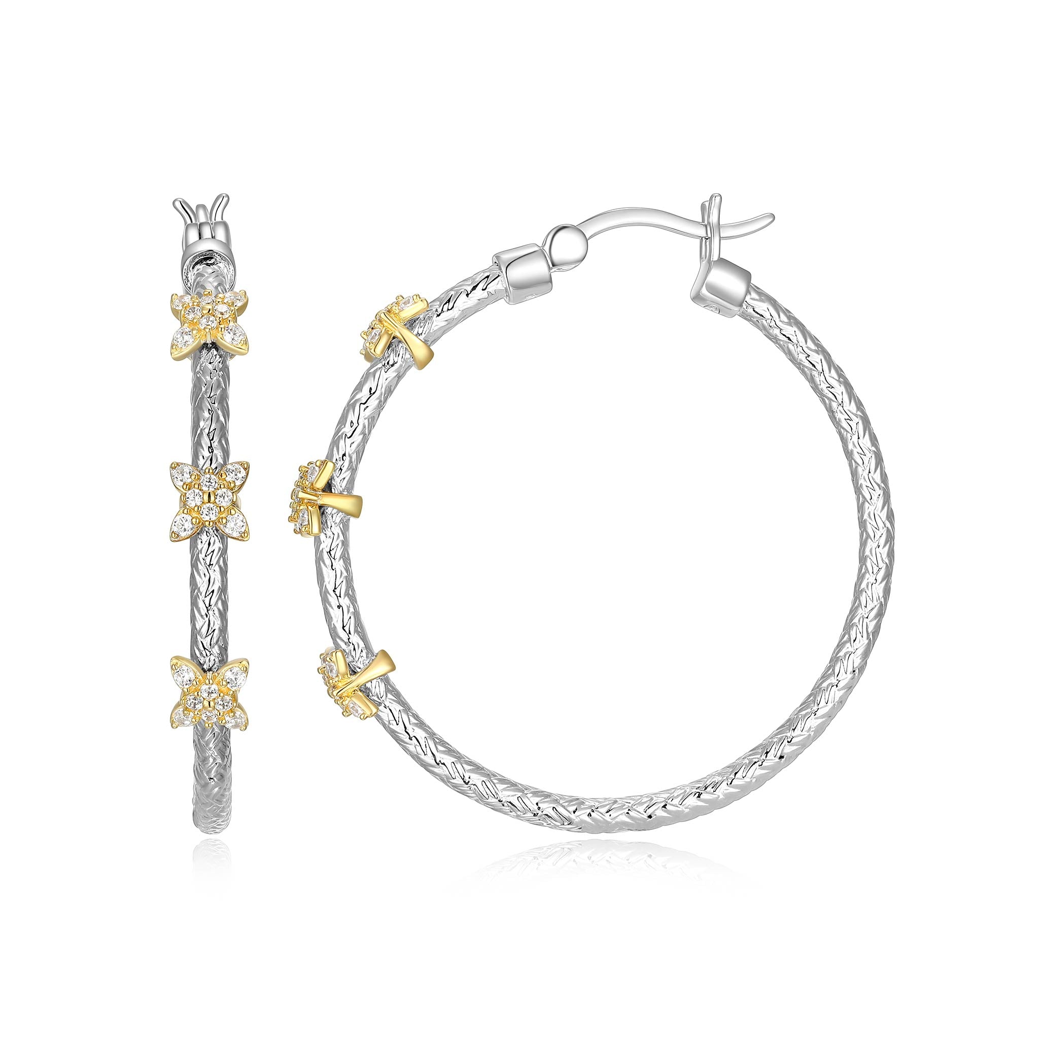 Charles Garnier CZ Flower Station Sterling Silver Classic Mesh Hoop Earrings 35mm