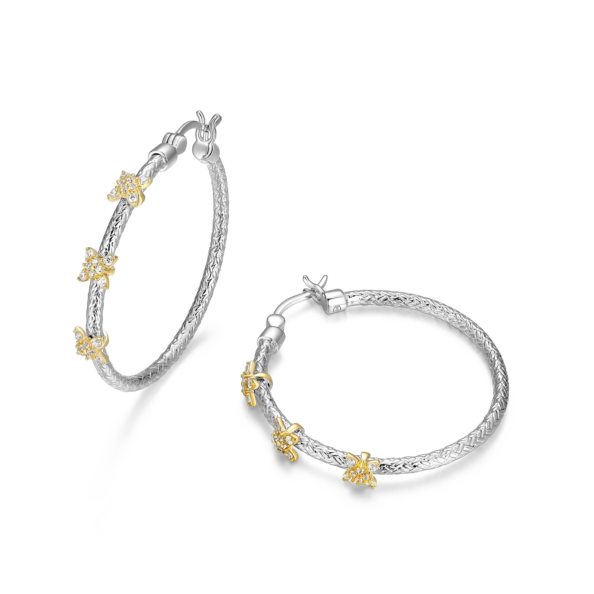 Charles Garnier CZ Flower Station Sterling Silver Classic Mesh Hoop Earrings 35mm