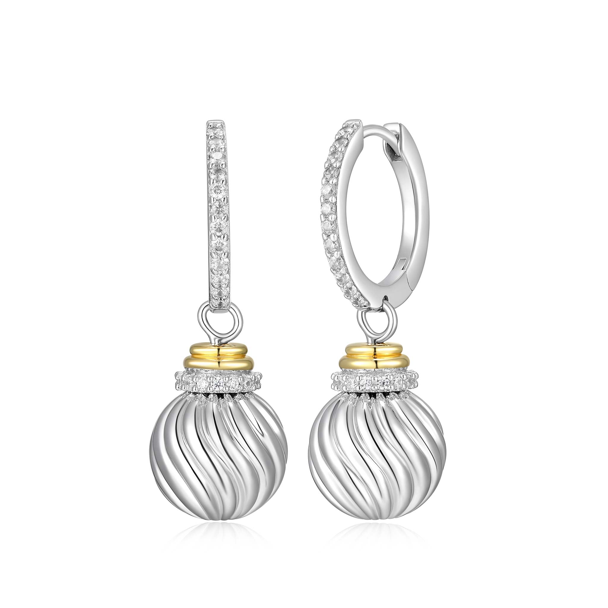 Charles Garnier CZ Rhodium-Plated Sterling Silver Hoop & Fluted Ball Drop Earrings