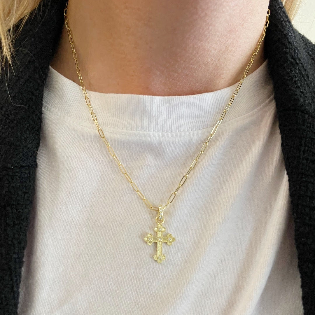 Diamond 14K Gold Cross Pendant Paperclip Chain Necklace