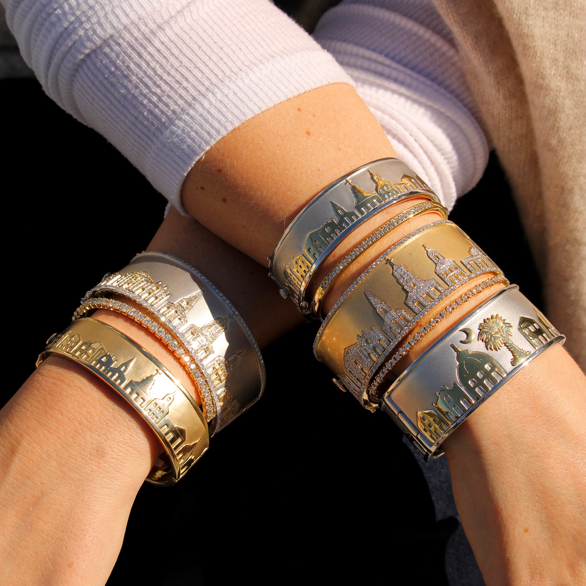 Charleston Skyline Cuff Bangles and Wide Charleston Skyline Cuff Bangle with Diamonds