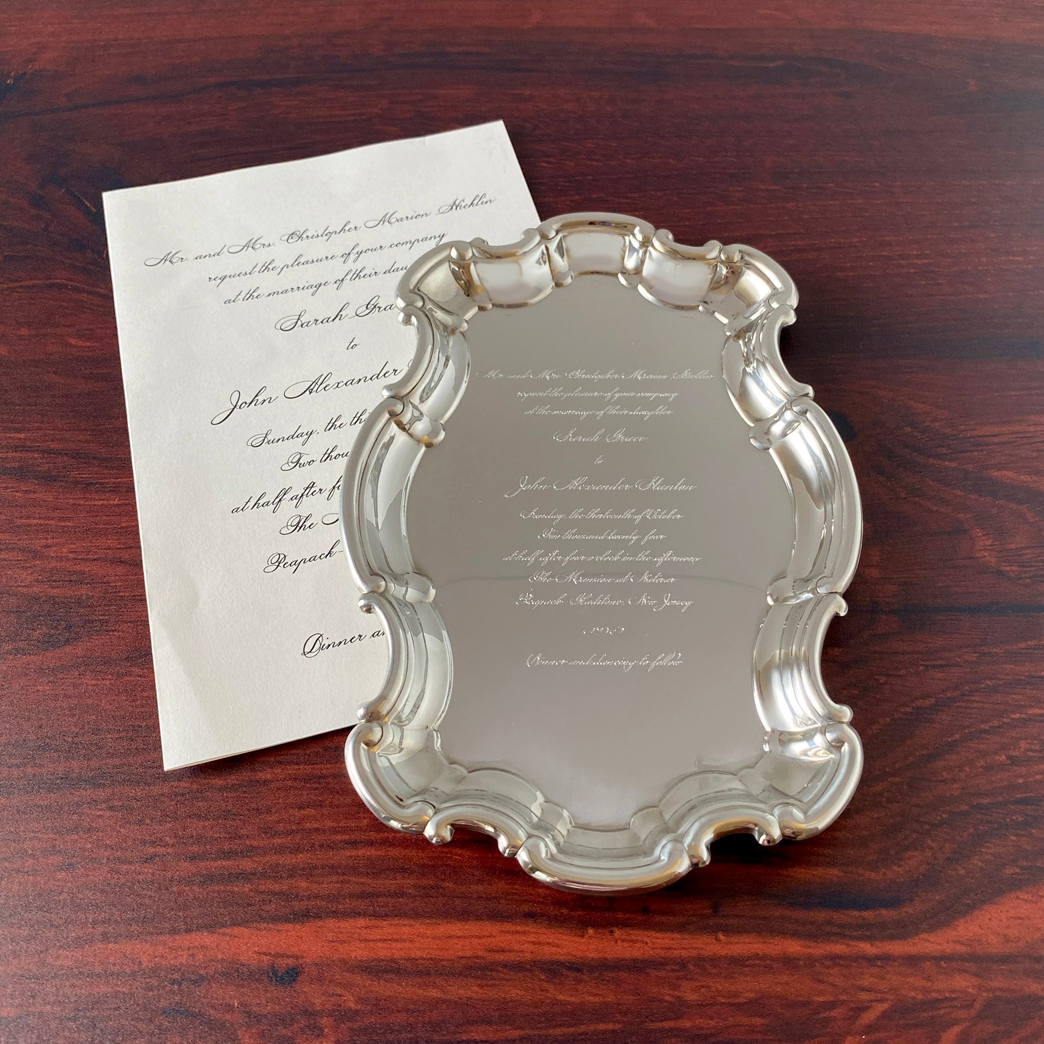 Pewter Chippendale Tray with Engraved Wedding Invitation