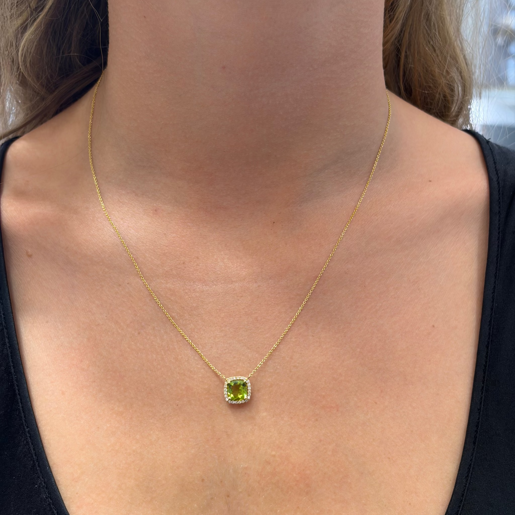 Cushion Peridot & Diamond 18K Yellow Gold Necklace