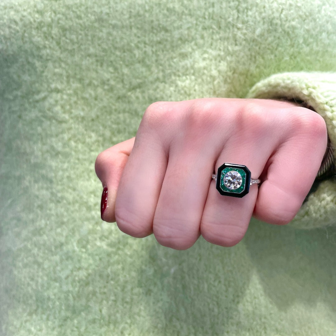 Art Deco Style Diamond, Emerald & Onyx Platinum Ring