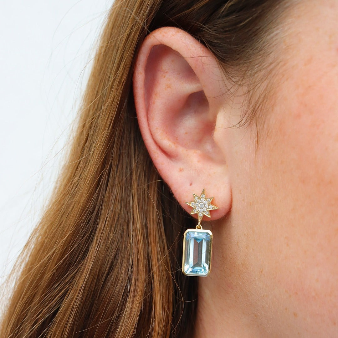 Diamond Pavé Starburst & Blue Topaz 18K Gold Drop Earrings