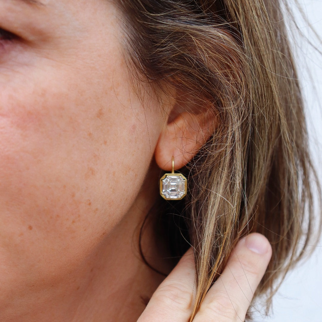 Estate 2.23ct Diamond Emerald Cut Illusion 18K Gold Earrings