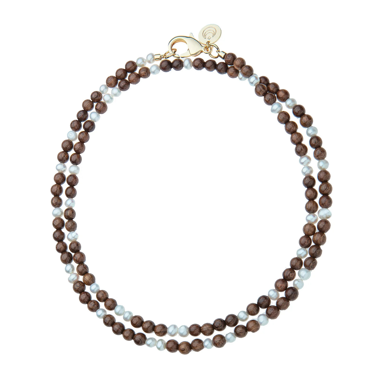 Jane Win Wood & Pearl Beaded Double Wrap Necklace 32"