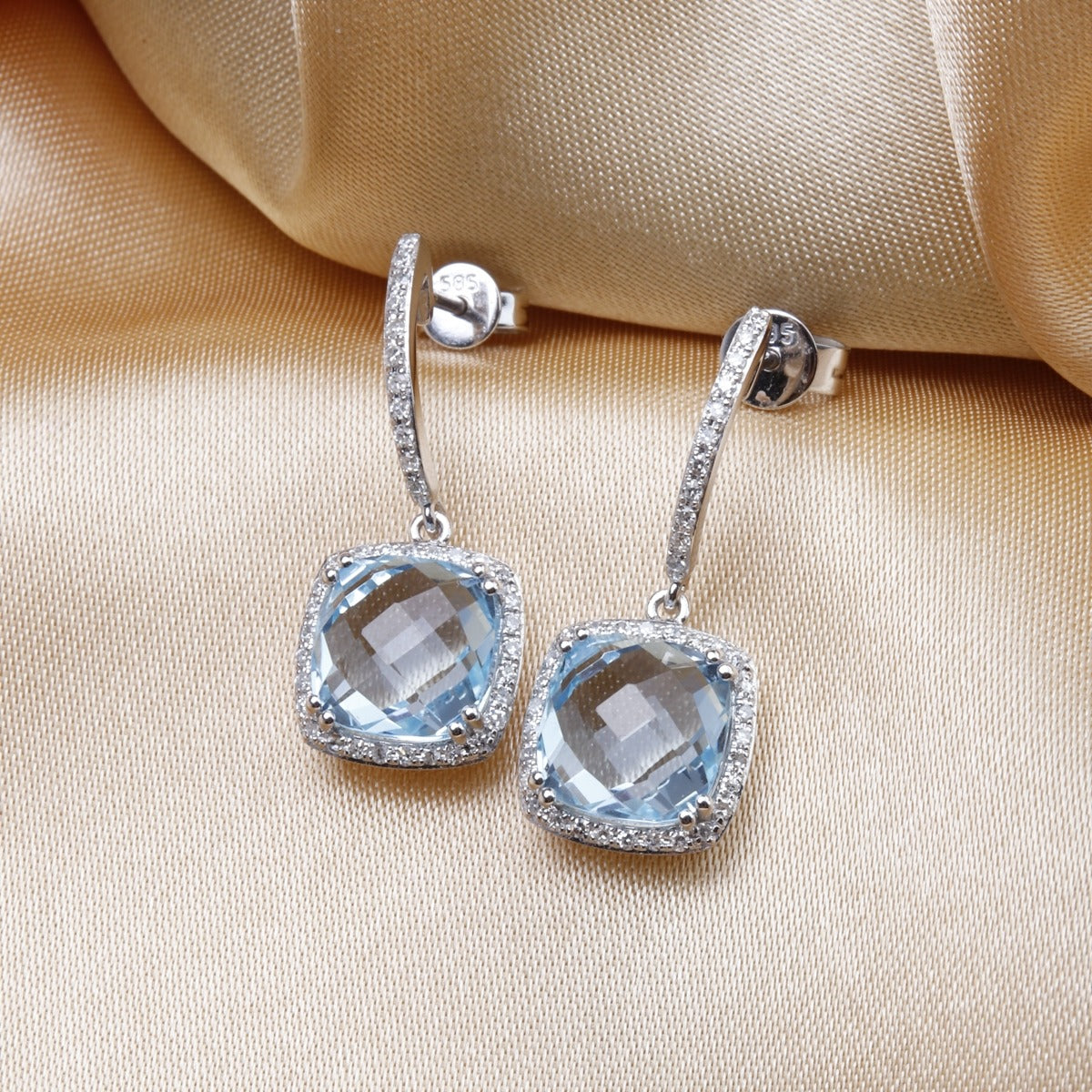 Blue Topaz & Diamond 14K White Gold Cushion Drop Earrings